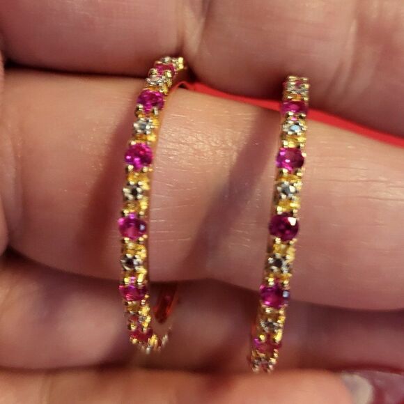 Rhodolite Garnet and Diamond Accent Vermeil YG Over Sterling Silver Hoops 1" - Picture 2 of 5
